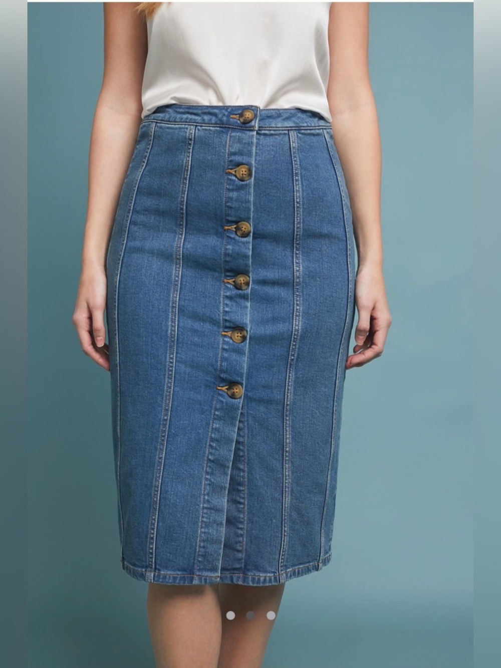 PILCRO Anthropologie Denim Pencil Skirt Button Front Midi Size 12 Stretch